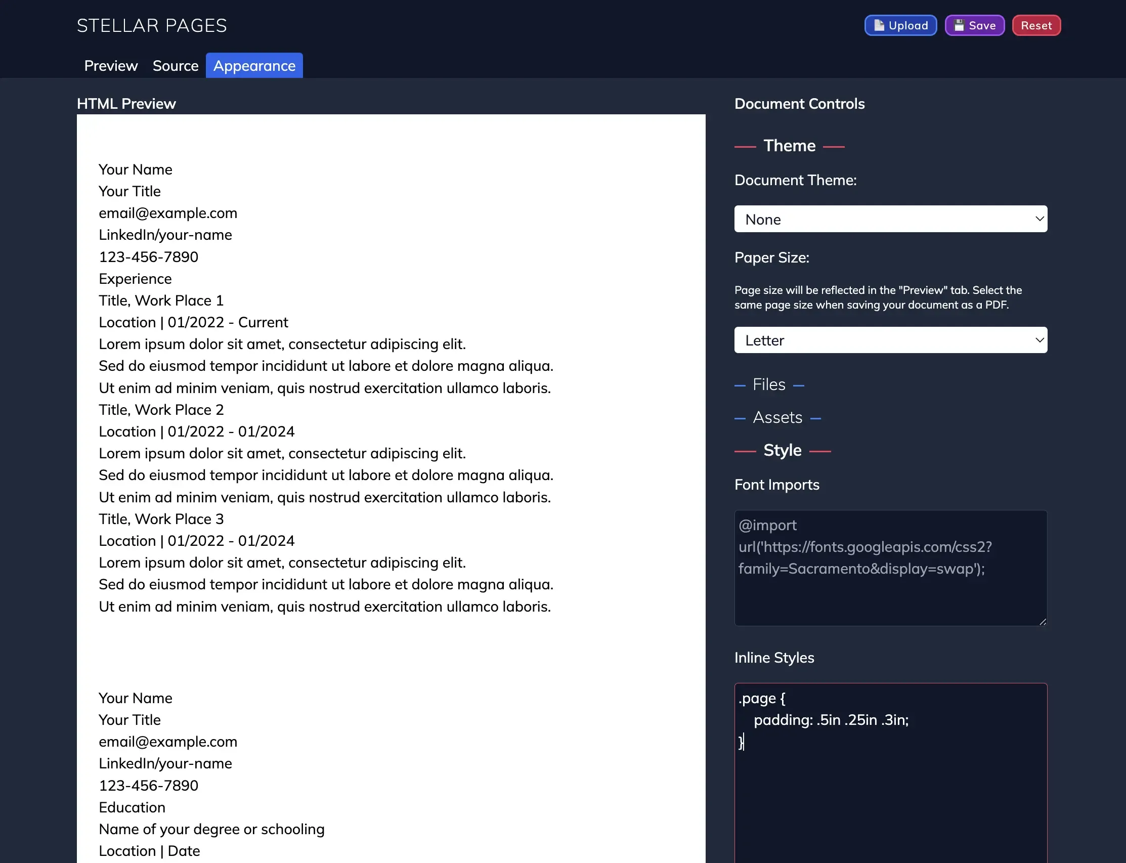 Page settings with spacing